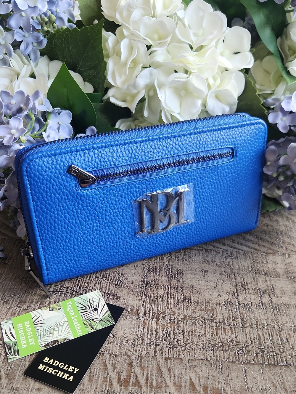 Badgley Mischka Electric Blue Pebbled Zip-Around Wallet with Silver Hardware